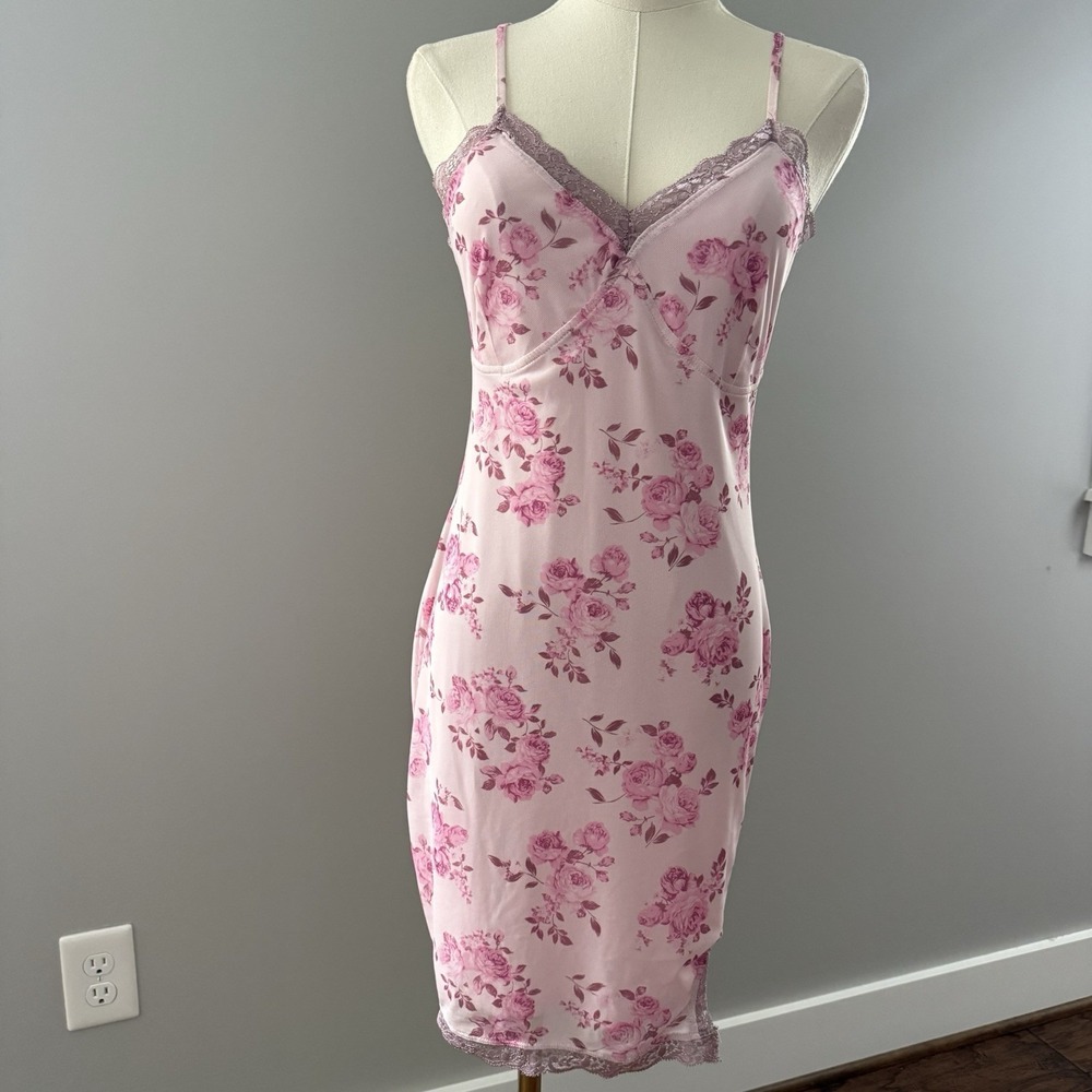 Wild Fable Pink Floral Slip Dress Lace Trim Y2K Coquette Mini Size Small